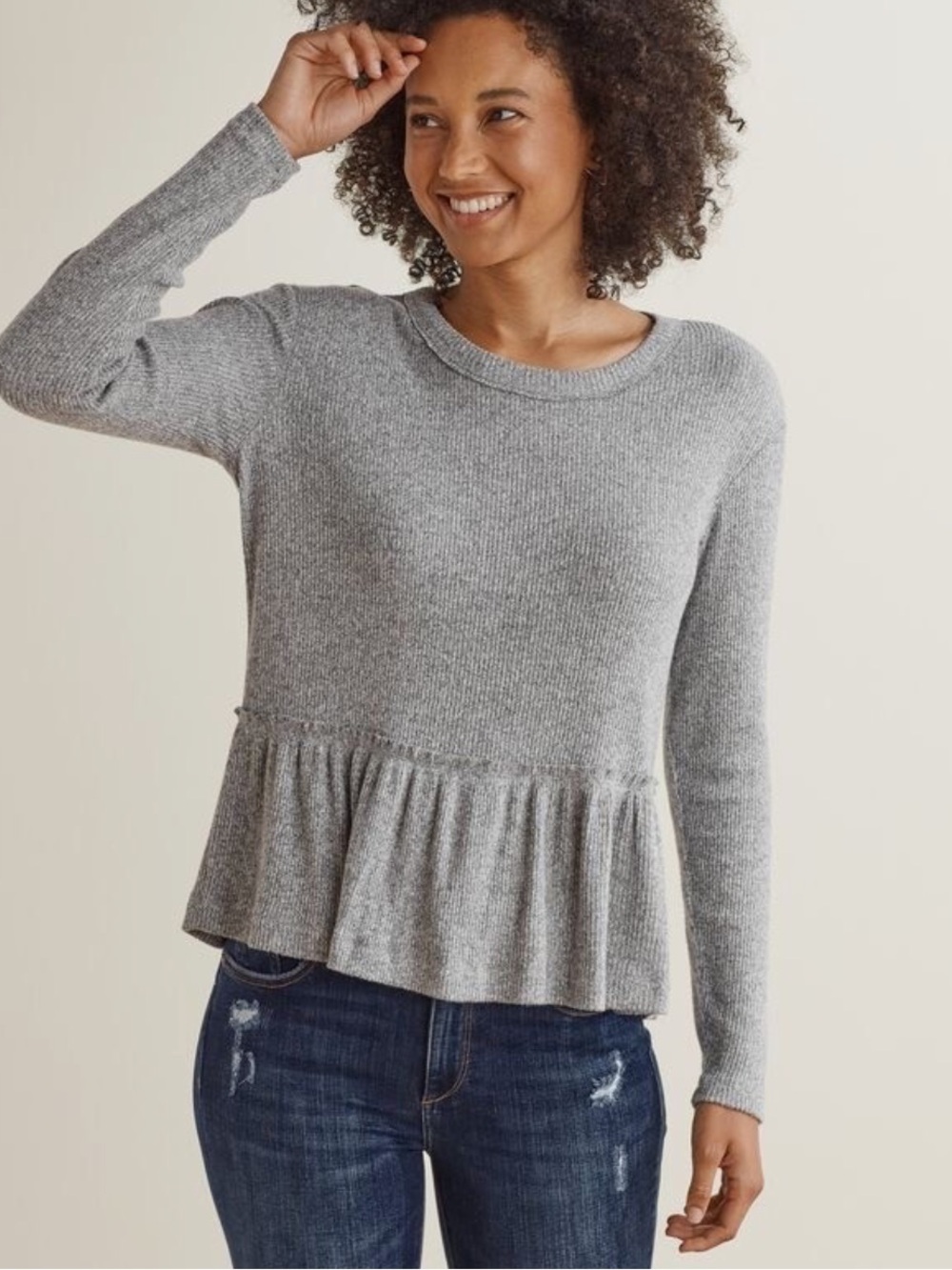 Up West Gray Long Sleeve
Ribbed Peplum Top